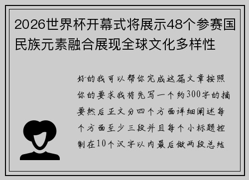 2026世界杯开幕式将展示48个参赛国民族元素融合展现全球文化多样性